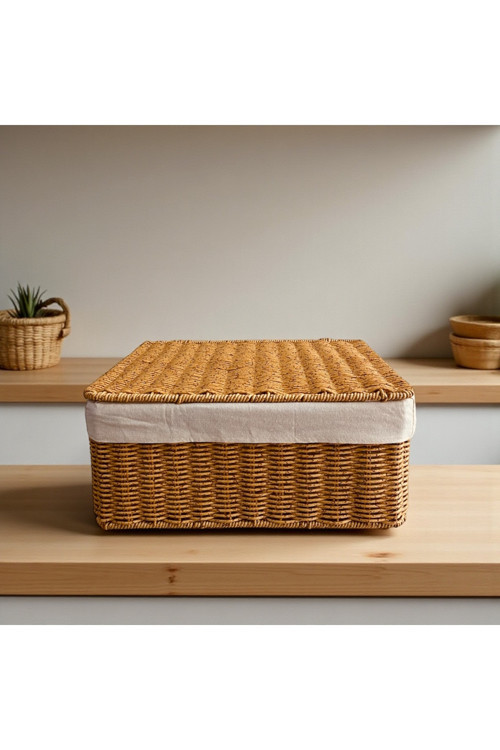 Rattan İç Kumaşlı Dikdörtgen Organizer Sepet S 32X22 cm