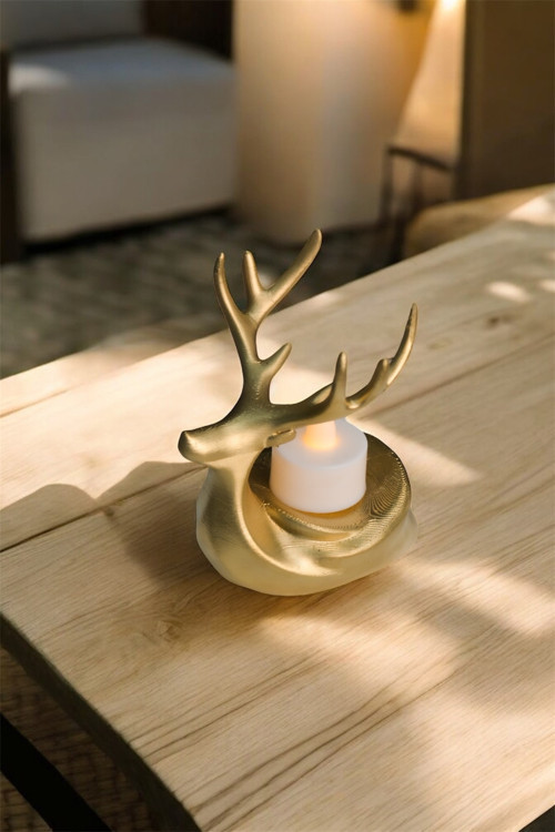 Tekli Dekoratif Hediyelik Gold Altın Tea light Geyik