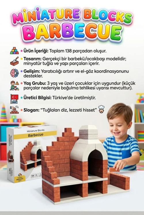 138 Parçalı DIY Minyatür Tuğlalı Barbekü Temalı Dekoratif Eğitici İnşaat Yapı Oyuncak Seti