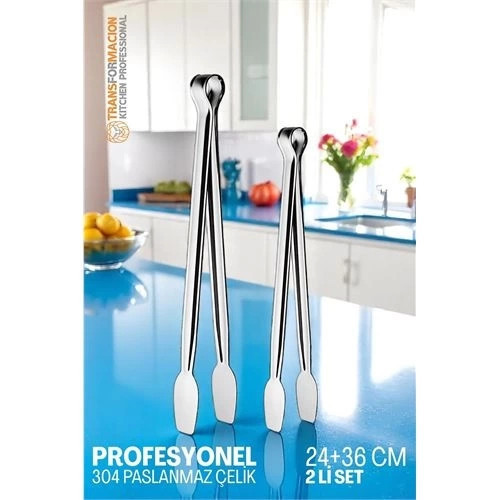 Mey İthalat® 2 Boy Mutfak Maşası - Mangal Barbekü Maşası - Izgara Maşası Tava Maşası Çelik 18 ve 36