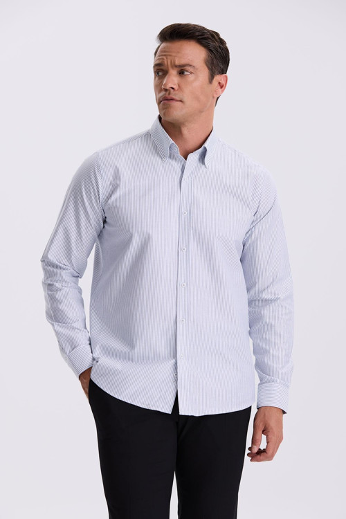 Lacivert %100 Pamuk Düğmeli Yaka Comfort Fit Gömlek