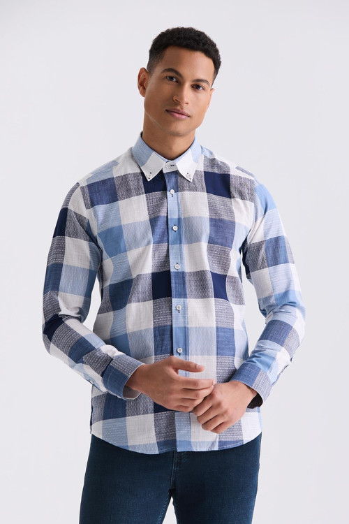 Lacivert Slim Fit Düğmeli Yaka Ekose Desenli Kareli %100 Pamuk Gömlek