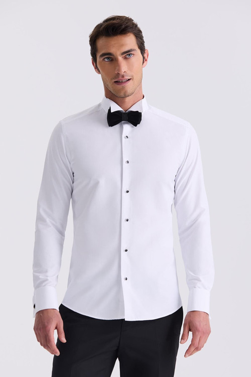 Beyaz Slim Fit Ata Yaka Double Manşet Gömlek