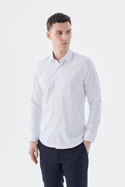 Beyaz Slim Fit İtalyan Yaka Uzun Kol Klasik Kravatlık Pamuklu Gömlek