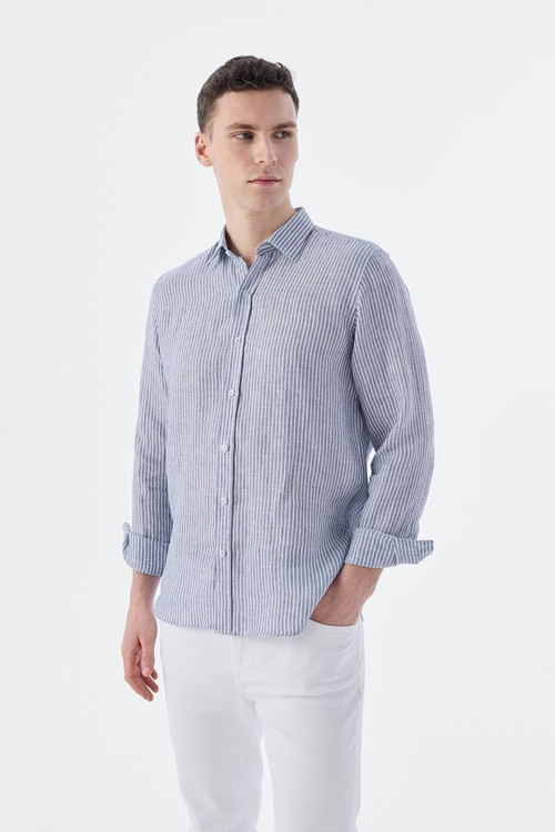 Lacivert Comfort Fit Çizgilli %100 Keten Gömlek