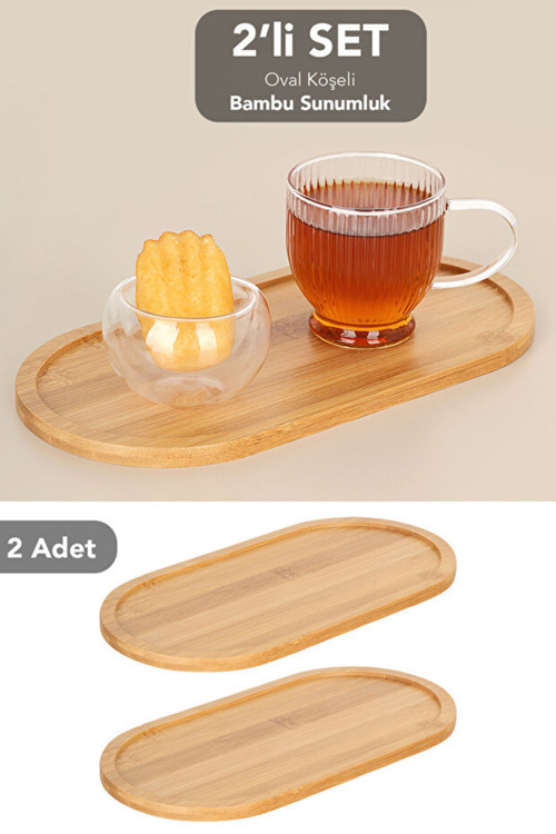 2 Adet Oval Bambu Sunumluk - Yağdanlık Altlığı Sabunluk Standı Kahvaltı Sunum Tabağı Servis Tepsisi