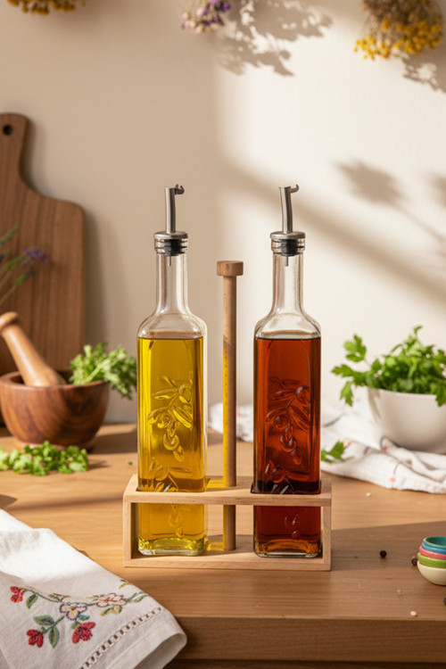Verra - 2'li Ahşap Tutmalı Standlı Cam Yağdanlık Damlatmaz Yağlık Sirkelik Zeytinyağı Şişesi 500ml