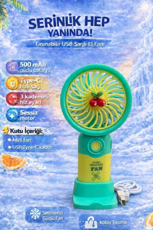 Turkuaz Mini Taşınabilir Sessiz El Fanı 3 Hız Ayarlı Mini El Pervanesi Soğutucu-vantilatör
