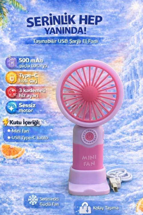 Pudra Pembe Mini Taşınabilir Sessiz El Fanı 3 Hız Ayarl Mini El Pervanesi Soğutucu-vantilat