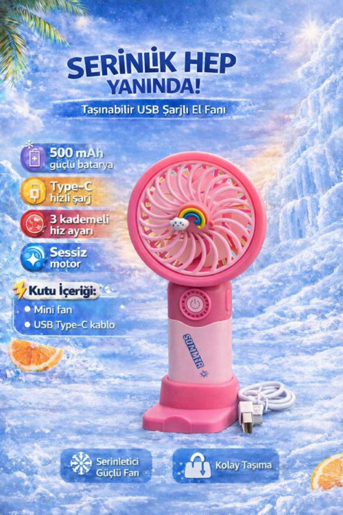 Pembe Mini Taşınabilir Sessiz El Fanı 3 Hız Ayarlı Mini El Pervanesi Soğutucu-vantilatör