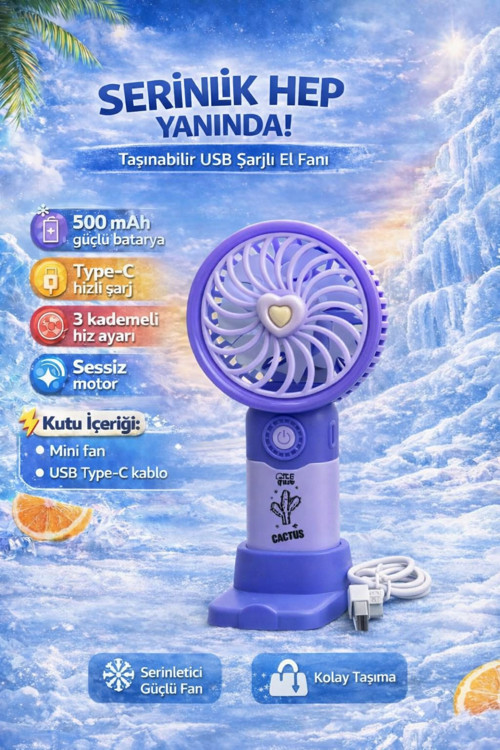 Mor Mini Taşınabilir Sessiz El Fanı 3 Hız Ayarlı Mini El Pervanesi Soğutucu-vantilatör
