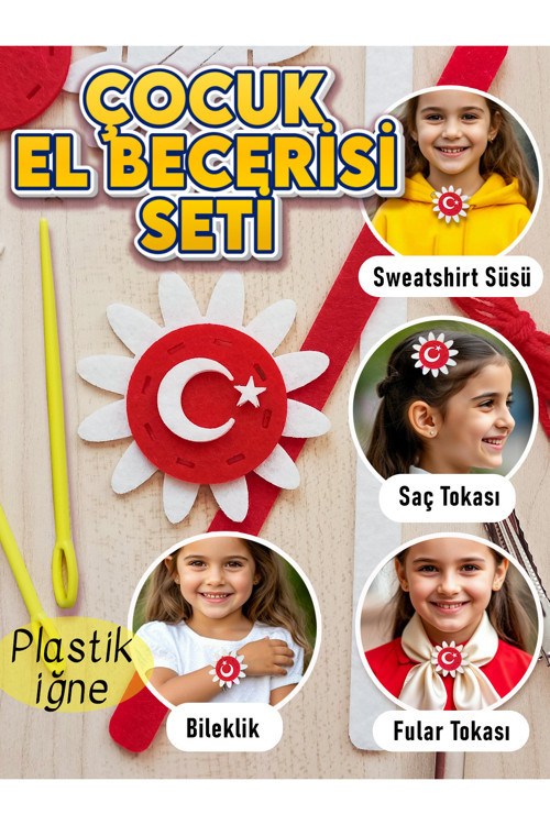 Çocuk Dikiş Seti - Türk Bayrak Bileklik Toka Montessori Geliştirici Etkinlik