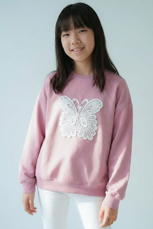 Kız Çocuk Sweatshirt Kelebek Aplike Nakışlı 8-12 Yaş, Gülkurusu