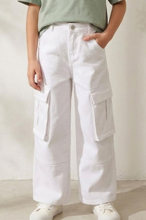 Kız Çocuk Gabardin Pantolon Kargo Cep Detaylı 5-9 Yaş, Beyaz