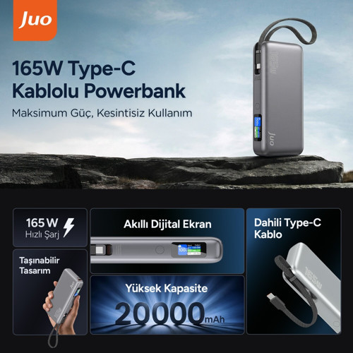 Juo 20000 mAh 165W LED Ekranlı USB-A + Type-C Kablolu Taşınabilir PD Hızlı Şarj Cihazı Powerbank 2