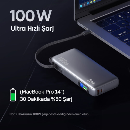 Juo 20000 mAh 165W LED Ekranlı USB-A + Type-C Kablolu Taşınabilir PD Hızlı Şarj Cihazı Powerbank 4