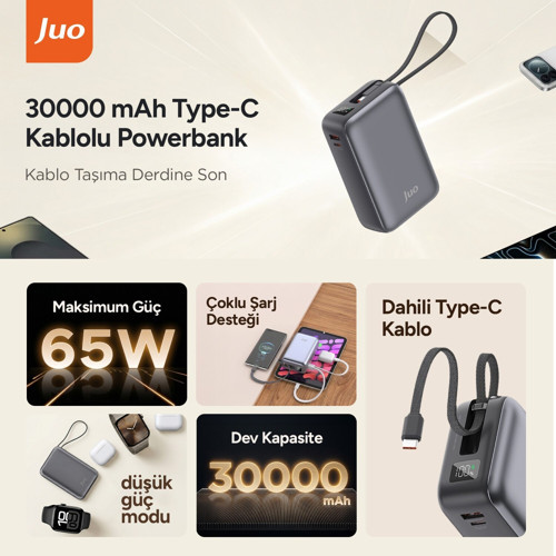 Juo 30000 mAh 65W LED Ekranlı USB-A + Type-C Dahili Kablolu Powerbank Taşınabilir PD Hızlı Şarj Cihazı 2