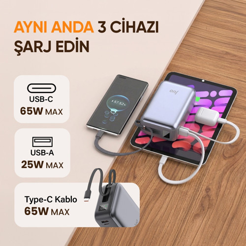 Juo 30000 mAh 65W LED Ekranlı USB-A + Type-C Dahili Kablolu Powerbank Taşınabilir PD Hızlı Şarj Cihazı 4