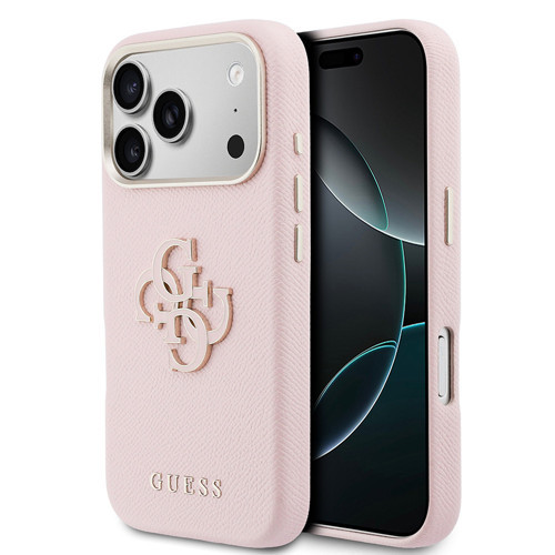 iPhone 17 Pro Max Kılıf Lisanslı 4G Büyük Metal Kamera Çerçeveli PU Deri Resin Kapak Pembe