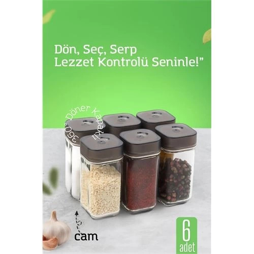 Mey İthalat® Cam Tuzluk Baharatlık – 360° Döner Kapaklı | 3 Delik Tipiyle Ayarlanabilir Akış 6 ADET