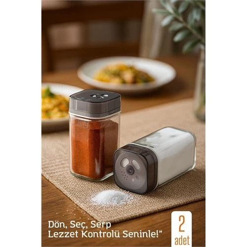 Mey İthalat® Cam Tuzluk Baharatlık – 360° Döner Kapaklı | 3 Delik Tipiyle Ayarlanabilir Akış 2 ADE