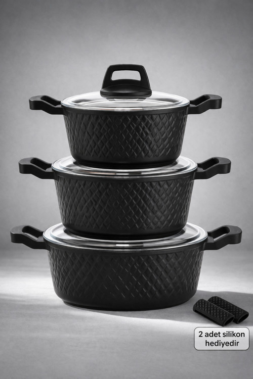 Obsidyen 6 Parça Döküm Granit Tencere Seti Siyah | 16-18-20 cm | Yanmaz Yapışmaz Yüzey
