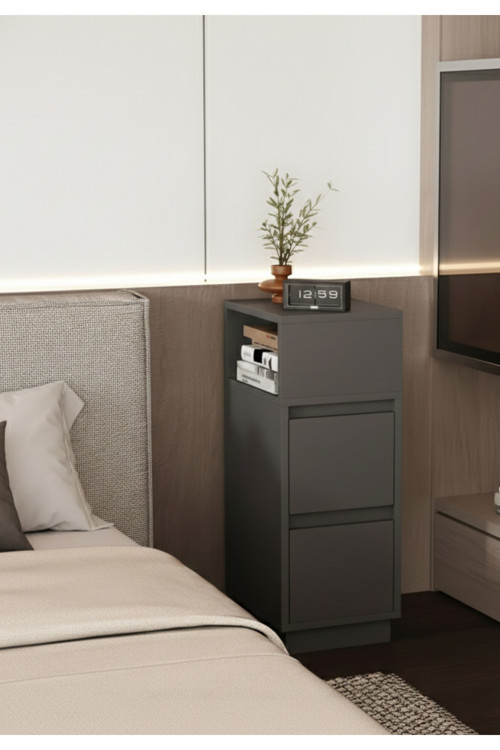 Mobilya Pratik Alve Değiştirilebilir Açık Bölmeli + 2 Çekmeceli Dar Komodin – Antrasit