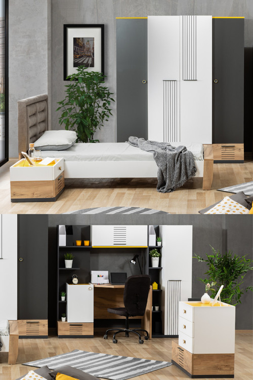 Relax Genç Odası - 4 Kapılı Dolap, Karyola, Komodin, Şifonyer, Çalışma Masası, Kitaplık
