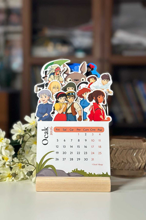 2026 Studio Ghibli Miyazaki Temalı Ahşap Standlı Özel Tasarım Takvim 2026 Masa Takvimi Hediye