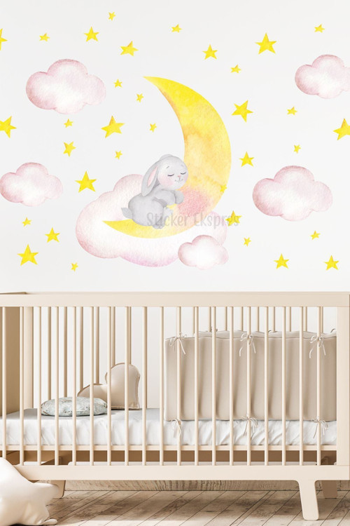 Ay Ve Bulutta Uyuyan Tavşan Çocuk Odası Duvar Sticker Seti