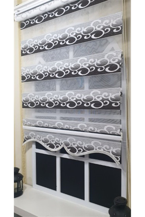 Zebra Stor Perde Kahverengi Beyaz Gümüş Simli Renk Geçişli Etek Dilimli ST 039