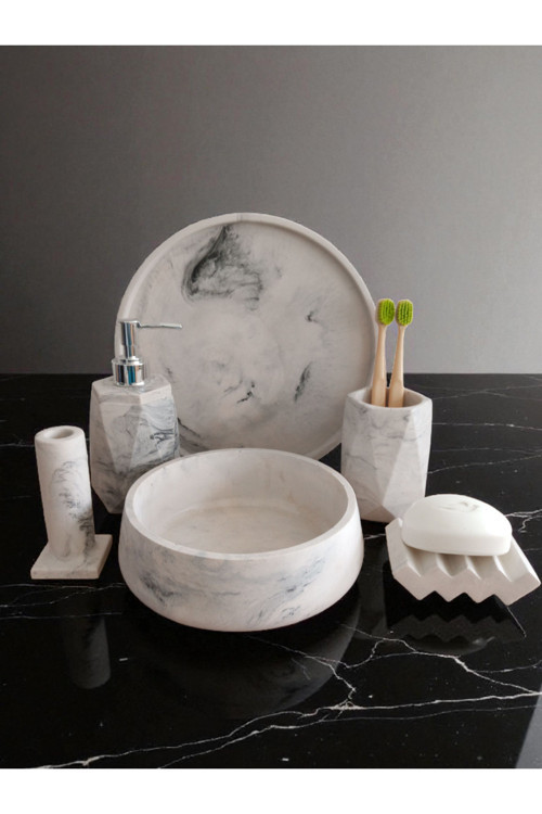 6'lı Mermer Desen Beton Banyo Seti ,Sıvı Sabunluk Diş Fırçalığı Aksesuar Takımi,Havluluk,Tepsi