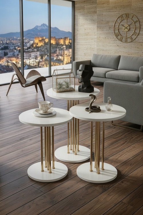 Bohem 3 lü Gold - Beyaz Ahşap Zigon Sehpa