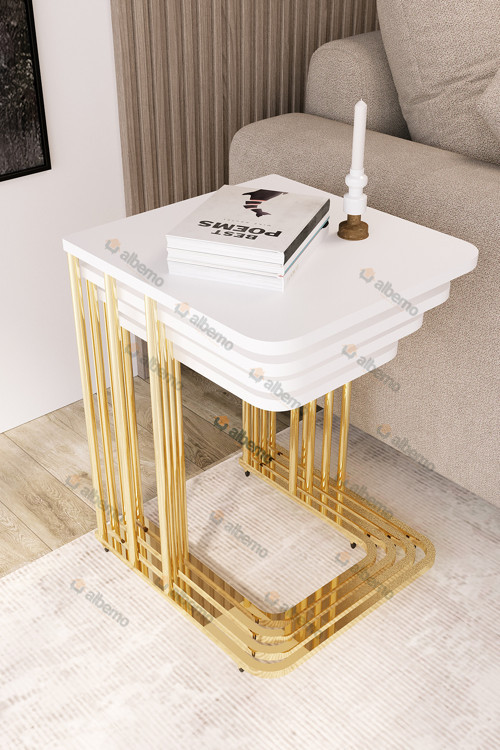 Orkide Tekerlekli 4 Lü Zigon Sehpa Gold- Parlak Beyaz Mdf
