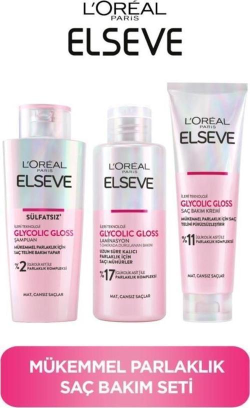 Glycolic Gloss Mükemmel Parlaklık Şampuan 200ml + Saç Kremi 150ml+ Laminasyon Bakım 200ml 3'lü Saç Bakım Seti