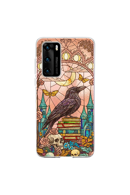 Huawei P40 İle Uyumlu Vitray Bilge Kuzgun Tasarımlı Şeffaf Silikon Kılıf