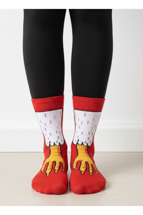Kuş Ayağı Desenli Unisex Soket Çorap (1 Çift) – Eğlenceli Funny Socks Premium Kırmızı