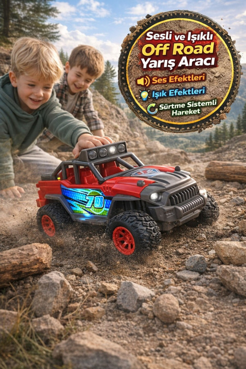 Sesli Işıklı Off Road Yarış Aracı Sürtme Sistemli Pilli Oyuncak Jeep 3 Yaş Üzeri Kırmızı 4x4 Arabası