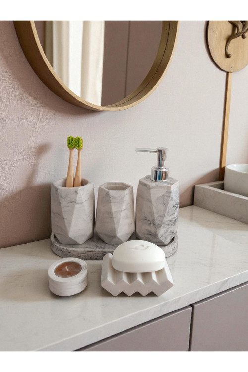 Mermer Desenli Beton Banyo Seti,Sıvı Sabunluk ,Diş Fırçalığı,Kulak Çubukluğu,Katı Sabunluk ve mumluk