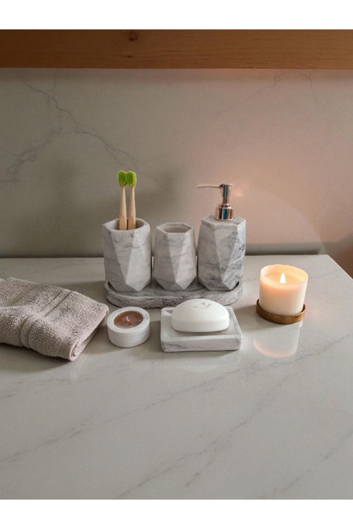 Mermer Desenli Beton Banyo Seti,Sıvı Sabunluk ,Diş Fırçalığı,Kulak Çubukluğu,Katı Sabunluk ve mumluk