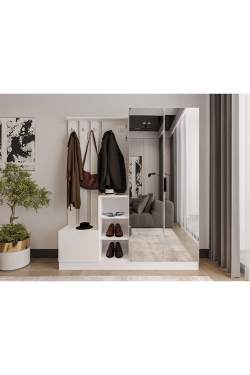 Parilla White Vestiyer Portmanto Ayakkabılık Aynalı