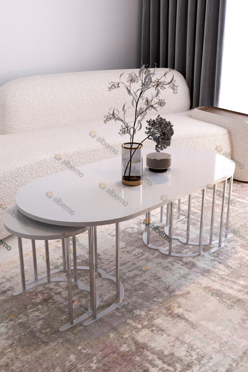 Masal 2+1 Yavrulu Gümüş Beyaz Mdf Orta Sehpa