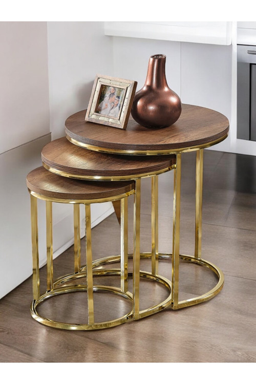 3'lü Parlak Gold Ayak Barok Ceviz Tabla Zigon Servis Salon Sehpa