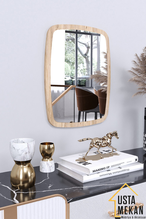 Ceviz Dekoratif Yuvarlak Kenar Büyük Antre Hol Koridor Duvar Salon Wc Ofis Aynası 45 Cm