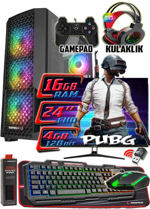PUBG 8GB Ekran Kartı Rx580 DDR5 i5 3350p 16gb Ram 256gb Ssd 250gb Hdd 24" Monitör Gaming Takım Bilgisayar