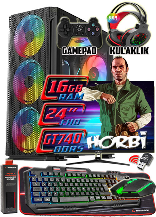 HORBİ 24" Monitör i5 6500 16gb Ddr4 Ram 256gb Ssd 250gb Hdd GT740 DDR5-4gb E.kartı Gaming Takım Bilgisayar