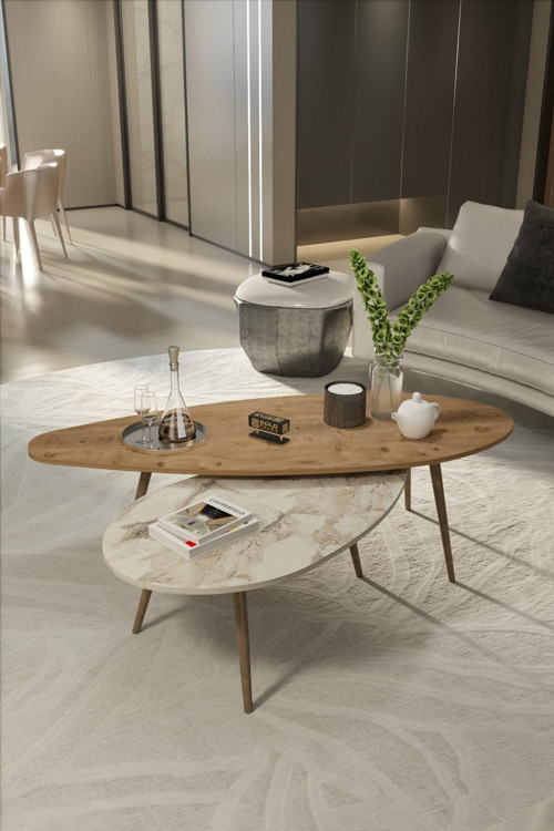 Falez Modern Orta Sehpa Seti - 2'li Ahşap Ayaklı Salon ve Oturma Odası Sehpa Takımı Ceviz Efes