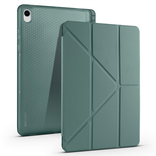 Galaxy Tab S11 Kılıf MKST Tri Folding Kalem Bölmeli Standlı Kılıf - Koyu Yeşil