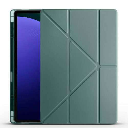 Galaxy Tab S10 Ultra Kılıf MKST Tri Folding Kalem Bölmeli Standlı Kılıf - Koyu Yeşil