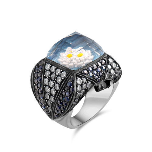 4.73 Karat Pırlanta Safir Yüzük, Çiçek Motifli, Doğal Pırlanta, Sertifikalı Mücevher, Beyaz Altın